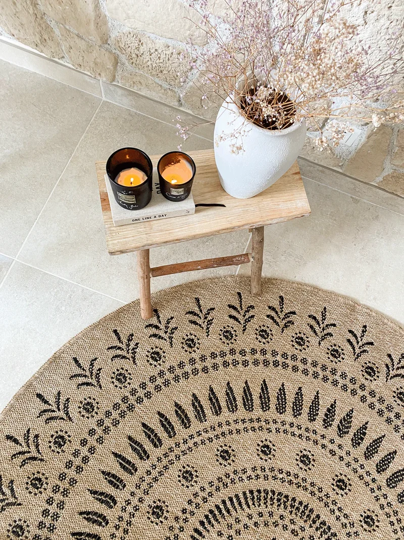 Tapis aspect jute nature motifs orientaux noirs rond - Nature
