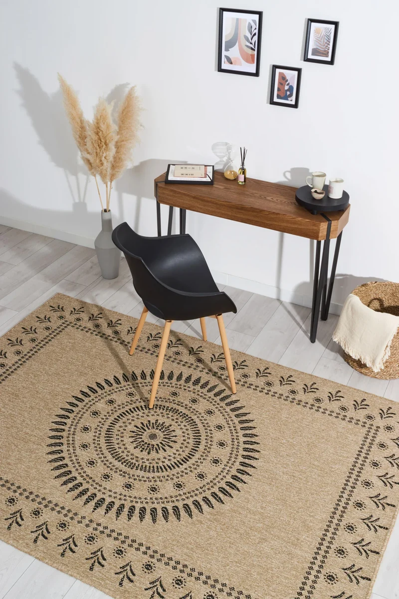 Tapis aspect jute nature motifs orientaux noirs - Nature