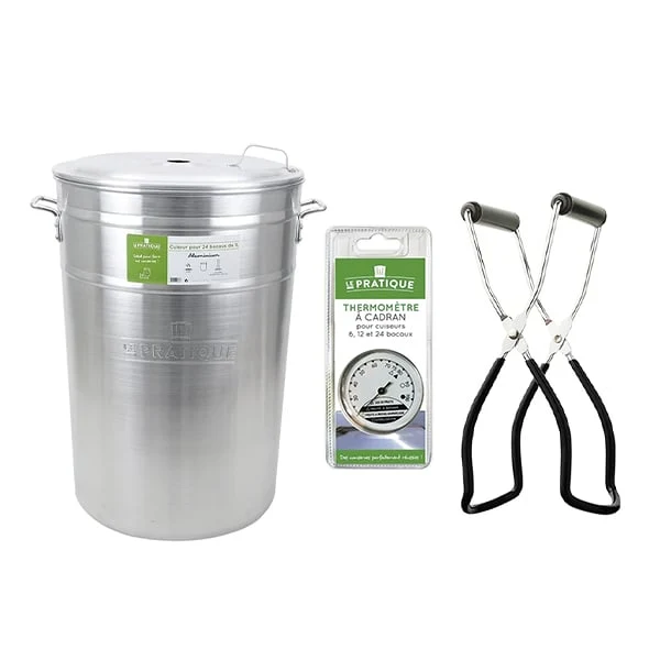 Lot cuiseur 90 L 24 bocaux avec thermomètre à cadran et pince à bocal