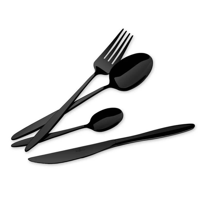 Set De Cubiertos De 24 Piezas Con Revestimiento Pvd Negro Y Acabado Pulido Espejo.