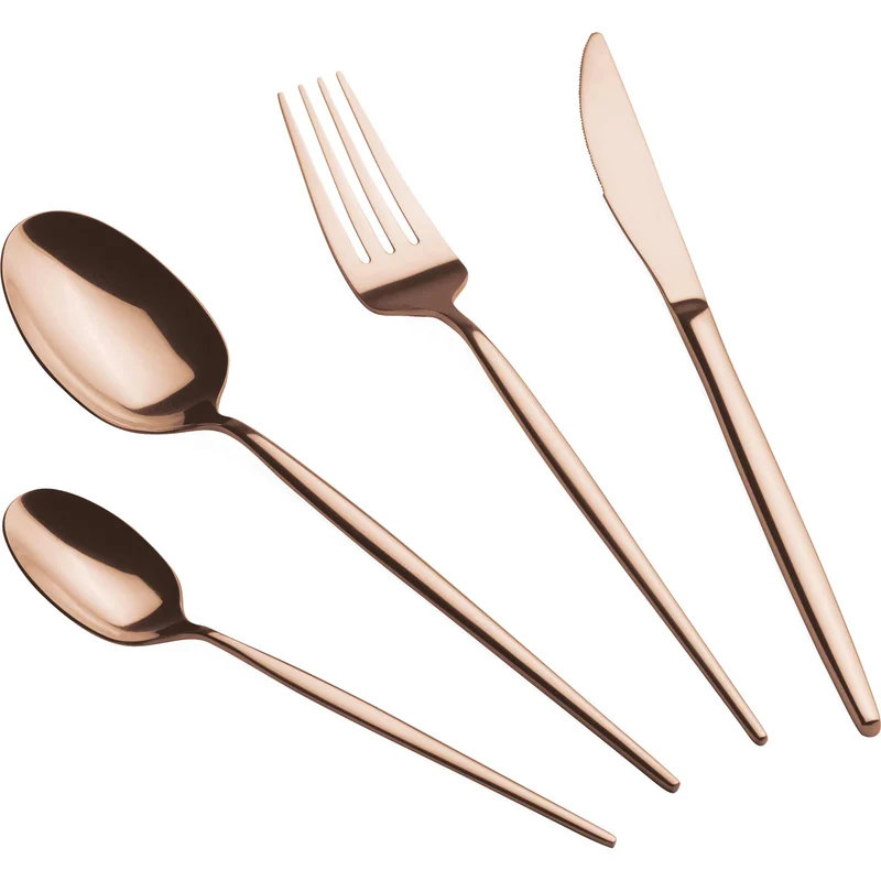 Set De Cubiertos De 24 Piezas Con Revestimiento Pvd Color Oro Rosa Y Acabado Pulido Espejo.