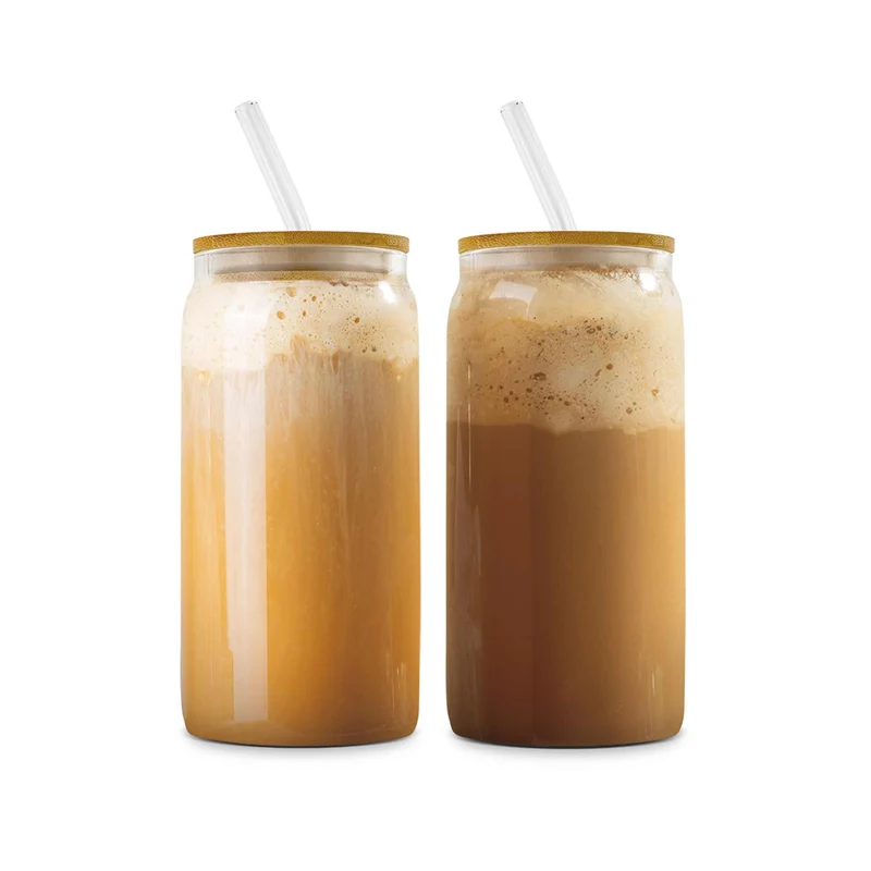 Set De 2 Vasos Con Tapa De Bambú Y Pajita De Vidrio.