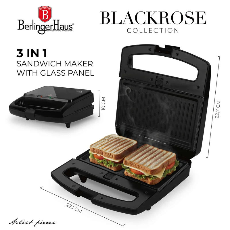 Sandwichera 3 En 1 Con Placas Desmontables Y Panel De Vidrio.