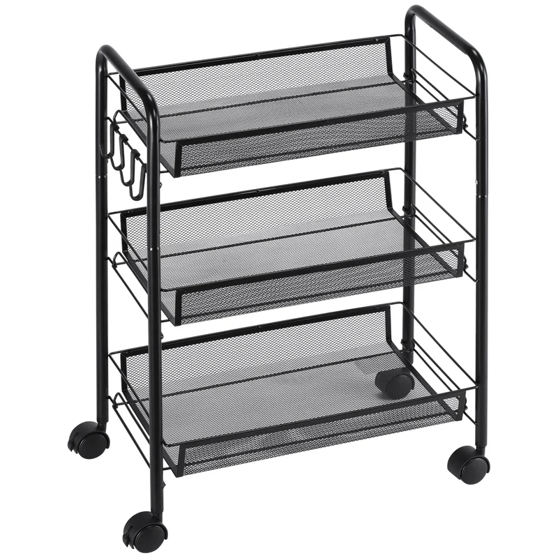 Easycomfort Carrello da Cucina a 3 Livelli con Cesti Removibili e 4 Ruote, in Acciaio e Plastica PP, 41.5Lx26.5x63 cm, Nero