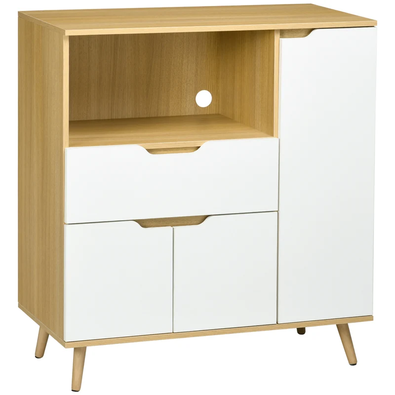 Meuble micro-ondes Easycomfort avec étagère ouverte, placards et tiroir, 90 x 40 x 98,5 cm, blanc et bois