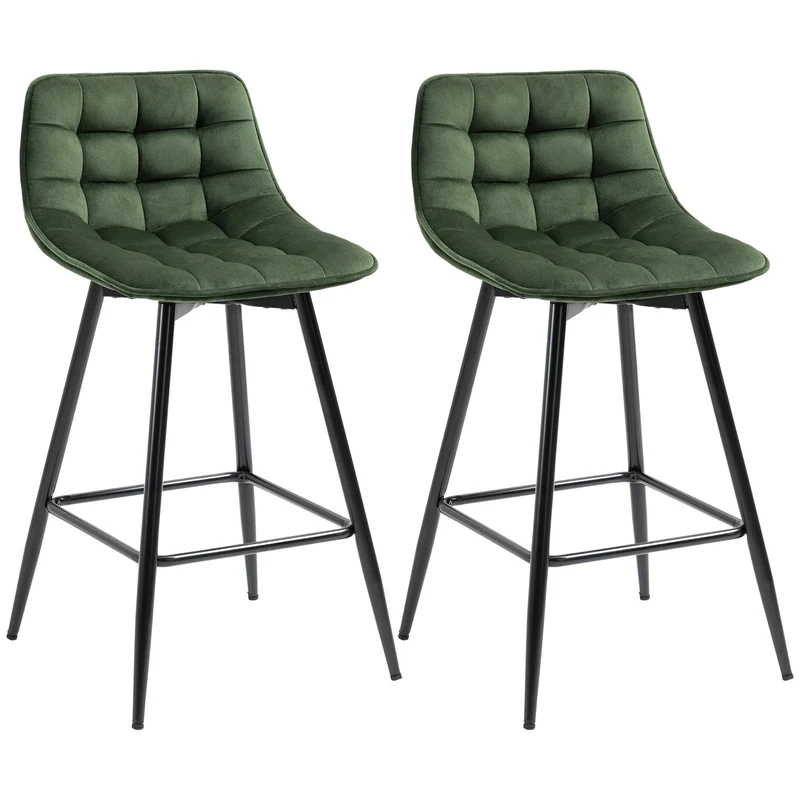 Ensemble de 2 tabourets de bar Easycomfort de style nordique avec dossier et repose-pieds, en métal et velours, vert, 45 x 47 x 84 cm