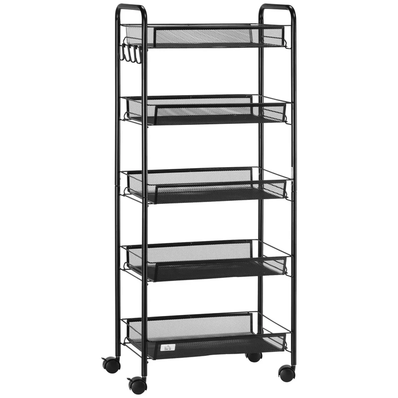 Chariot de cuisine gain de place Easycomfort à 5 niveaux avec paniers en maille d'acier, 45 x 26,5 x 106 cm, noir