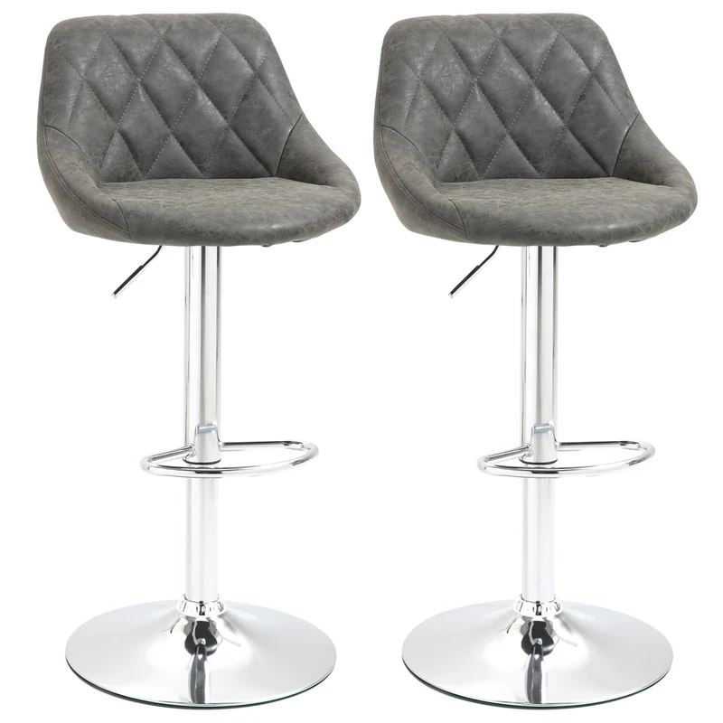 Ensemble de 2 tabourets de bar Easycomfort réglables en hauteur, piètement en métal et assise en similicuir, tabourets hauts pivotants modernes avec dossier et repose-pieds, 46 x 48 x 83-104 cm, gris foncé