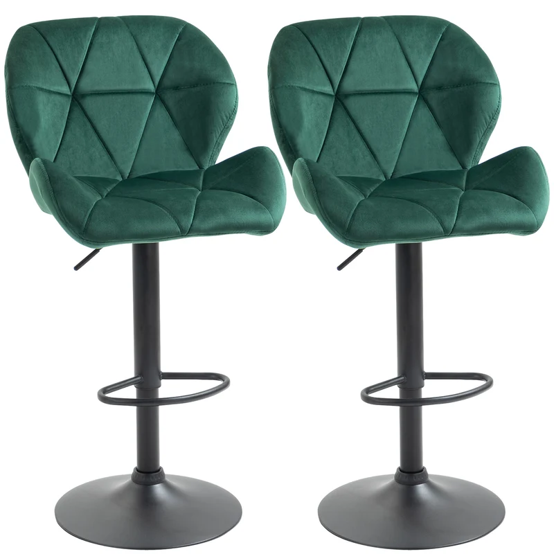 Easycomfort Set 2 Sgabelli da Bar, Altezza Regolabile con Base in Metallo e Seduta in Velluto, Sgabelli Moderni con Schienale e Poggiapiedi, 46x48x83-104cm, Verde
