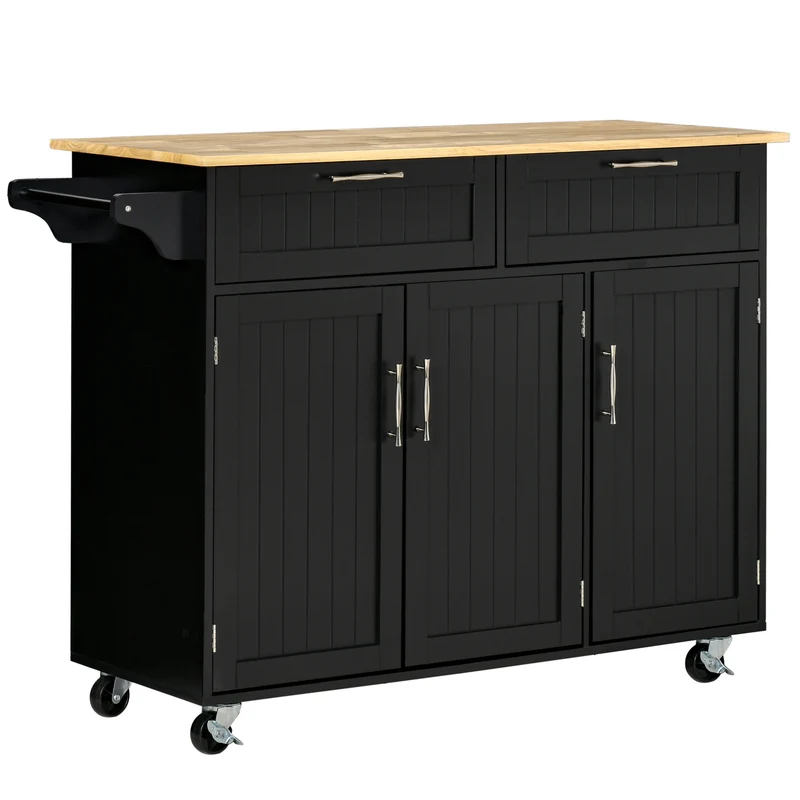 Desserte de cuisine en bois Easycomfort avec 2 tiroirs, 3 portes et 4 roulettes, 121 x 46 x 91 cm, noire