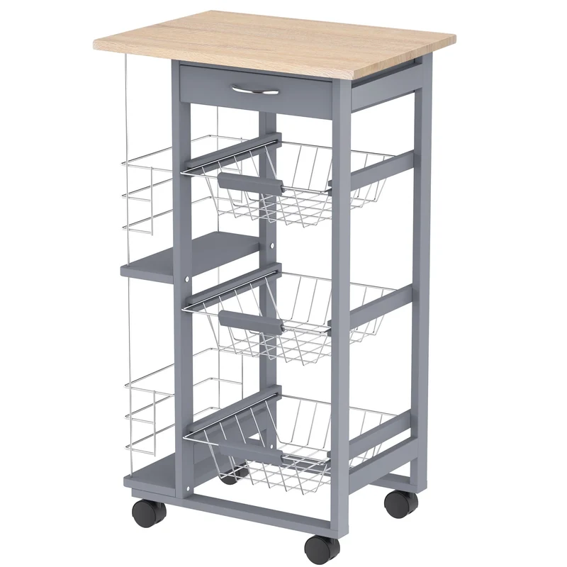 Chariot de cuisine Easycomfort avec tiroirs coulissants et 2 porte-bouteilles, en pin et métal, 47 x 37 x 83 cm