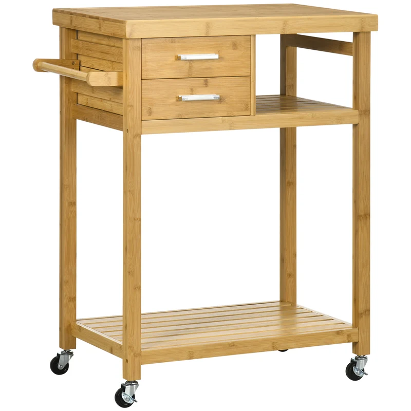 Chariot de cuisine Easycomfort en bambou avec porte-serviettes, 2 tiroirs et 2 étagères ouvertes, 83 x 45 x 96 cm