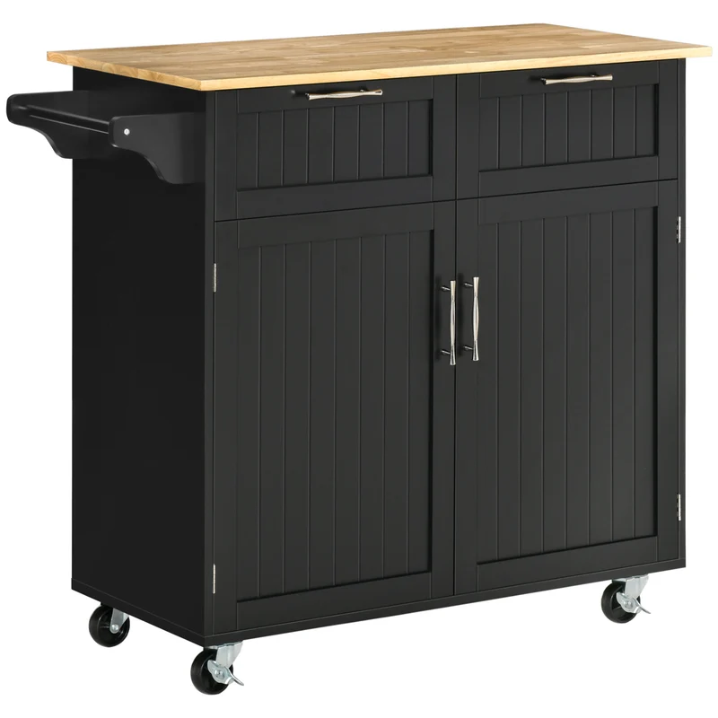 Chariot de cuisine multifonctionnel Easycomfort en bois avec 2 tiroirs, un placard et 4 roulettes, 104 x 46 x 91 cm, noir