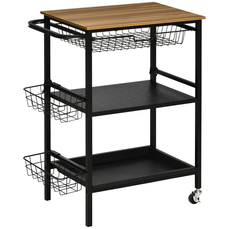 Chariot de cuisine Easycomfort à 3 niveaux avec 2 roues, panier et plateau amovibles, 75 x 43,5 x 91 cm, coloris bois et noir