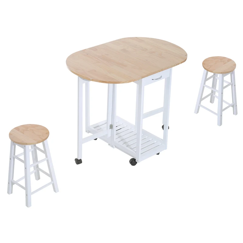 Table de cuisine pliante Easycomfort 3 pièces et 2 tabourets gain de place - Blanc et bois