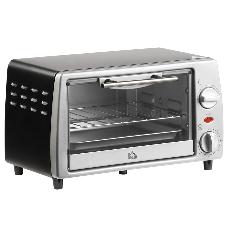 Four électrique Easycomfort 10 L, température et minuterie réglables, grill et plaque de cuisson inclus, 750 W, 36,5 x 26 x 22 cm, argent/noir