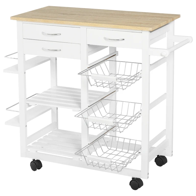 Desserte de cuisine Easycomfort à roulettes, meuble de cuisine gain de place en bois massif : 3 tiroirs, 3 paniers, 2 étagères à épices, 2 étagères, 92 x 37 x 82 cm