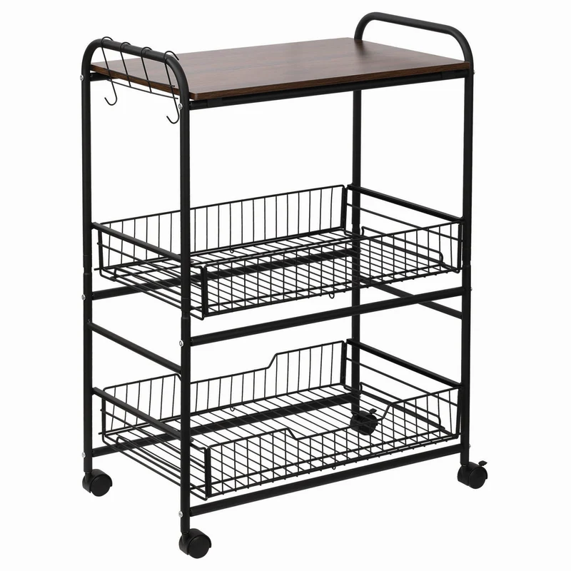 Chariot de cuisine Easycomfort style industriel avec 4 roues, 2 paniers et 4 crochets, 60 x 38 x 85,5 cm, marron et noir