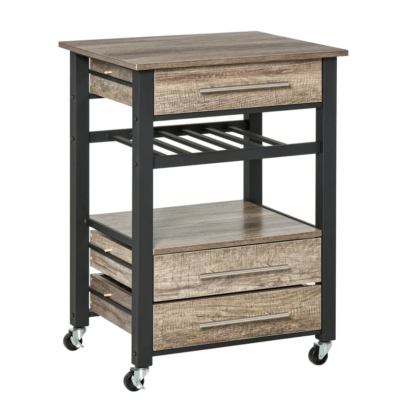 Chariot de cuisine Easycomfort avec 3 tiroirs et une étagère, meuble multifonctionnel en panneaux de particules, 60 x 50 x 84,5 cm, chêne