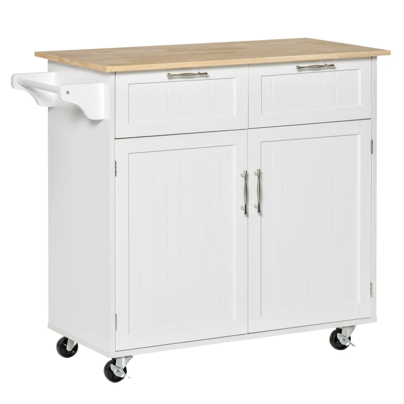 Chariot de cuisine multifonctionnel Easycomfort en bois avec 2 tiroirs, 104 x 46 x 91 cm - Blanc