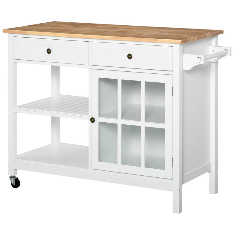 Chariot de cuisine en bois Easycomfort pour aliments et ustensiles, 2 roues, tiroirs et étagères, multifonctionnel et peu encombrant, blanc, 116,5 x 48 x 86,5 cm