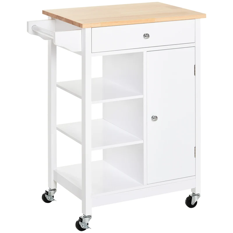 Chariot de cuisine gain de place Easycomfort en MDF blanc : 1 tiroir, 1 placard, 3 étagères et 4 roulettes, 66 x 39,5 x 86,5 cm