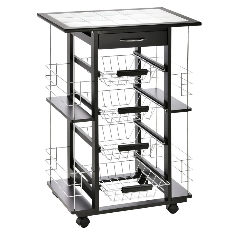 Chariot de cuisine Easycomfort gain de place avec 1 tiroir, 4 paniers coulissants, 4 étagères, en pin et métal, 57 x 37 x 83 cm