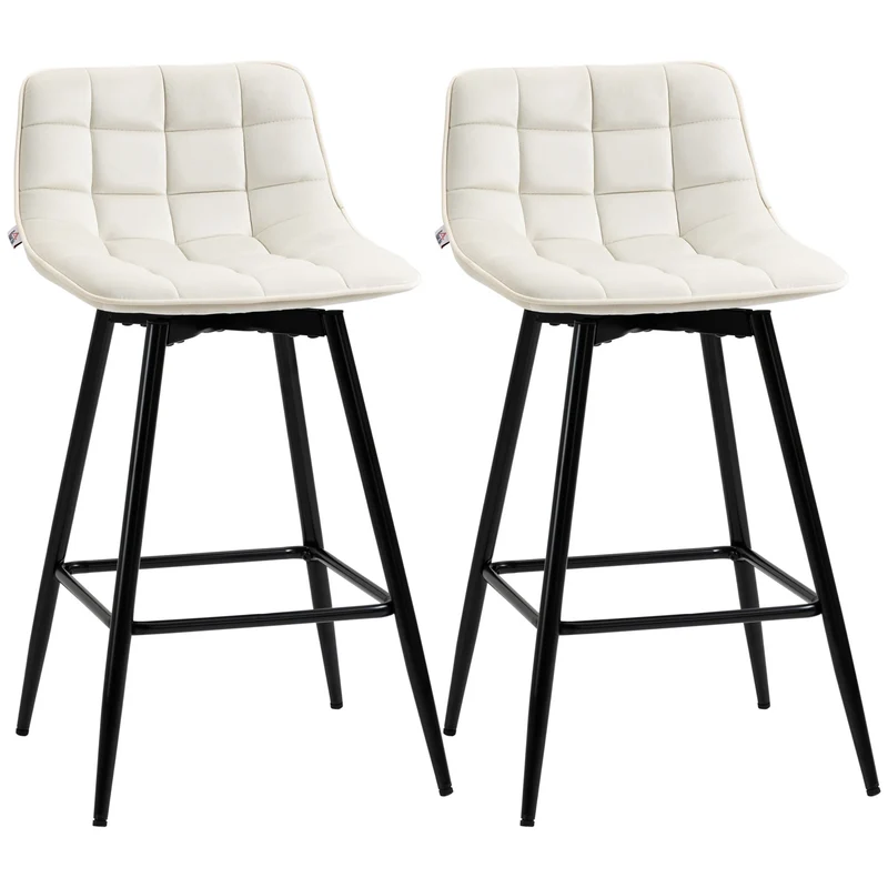 Ensemble de 2 tabourets de bar EasyComfort de style nordique avec dossier et repose-pieds, en métal et velours, couleur crème, 45 x 47 x 84 cm