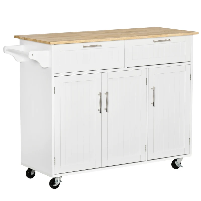 Chariot de cuisine multifonctionnel Easycomfort en bois avec 2 tiroirs, 3 portes et 4 roues 121 x 46 x 91 cm - Blanc