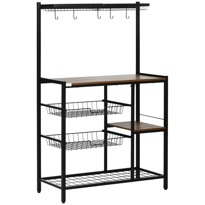 Meuble de cuisine EasyComfort avec 5 crochets, 3 étagères et 4 paniers en MDF et acier, 83,5 x 39 x 133 cm, marron