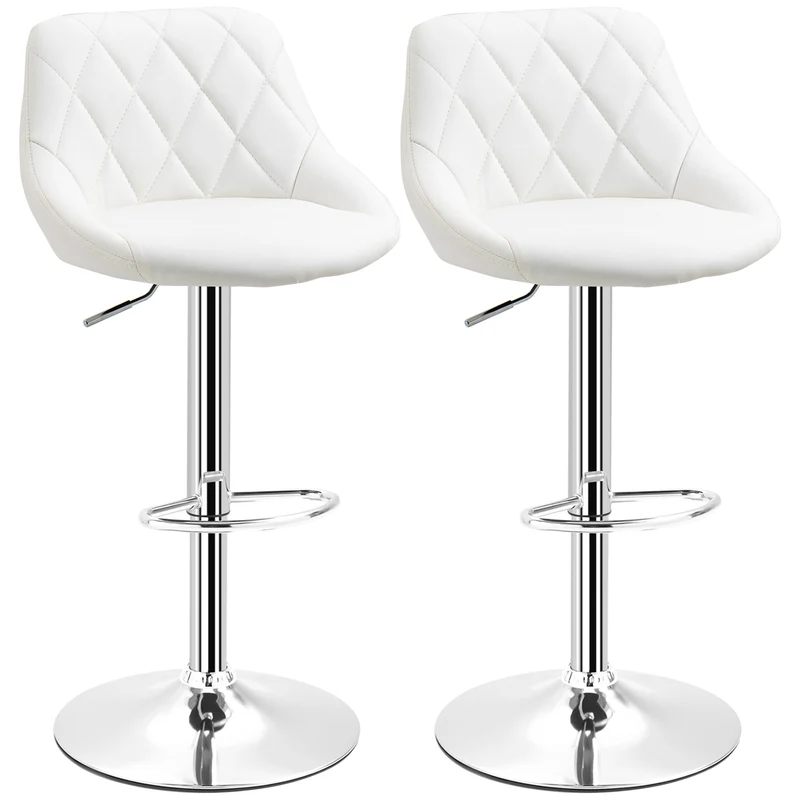 Ensemble de 2 tabourets de bar Easycomfort, hauteur réglable, piètement en métal et assise en similicuir, tabourets modernes avec dossier et repose-pieds, 46 x 48 x 83-104 cm, blanc