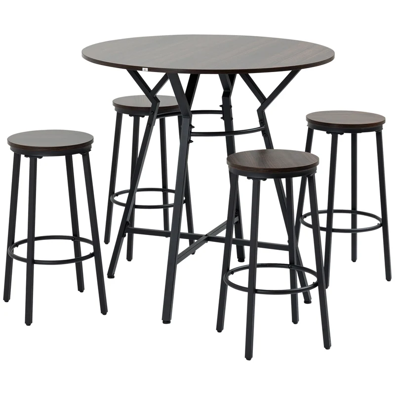 Ensemble de salle à manger Easycomfort style industriel avec table et 4 tabourets, bois et acier, couleur noyer