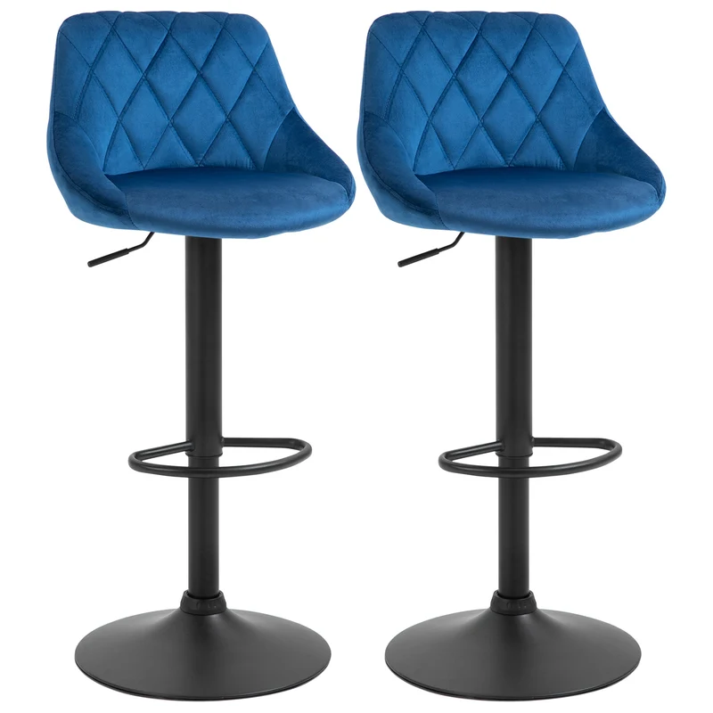 Ensemble de 2 tabourets de bar Easycomfort, hauteur réglable, piètement en métal et assise en velours, tabourets modernes avec dossier et repose-pieds, 46 x 48 x 83-104 cm, bleu