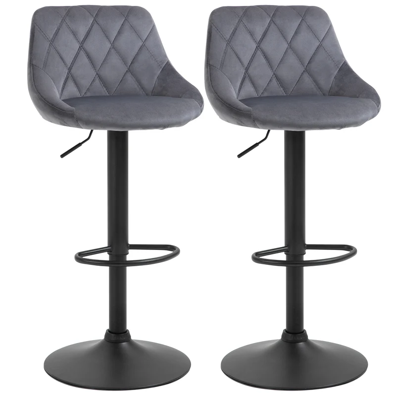 Ensemble de 2 tabourets de bar Easycomfort, hauteur réglable, piètement en métal et assise en velours, tabourets modernes avec dossier et repose-pieds, 46 x 48 x 83-104 cm, gris et noir