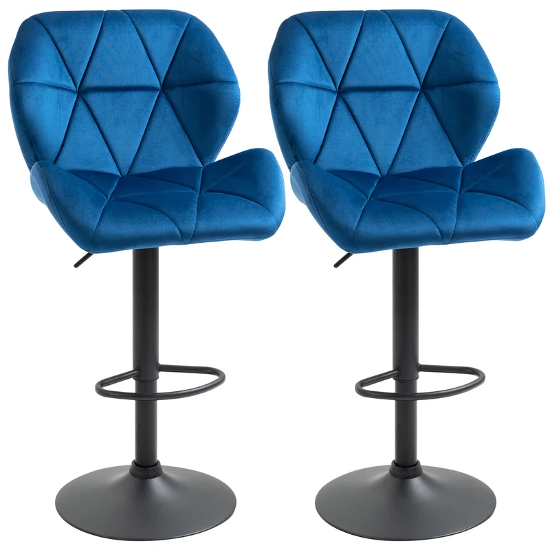 Ensemble de 2 tabourets de bar pivotants Easycomfort à hauteur réglable, revêtement en velours et base ronde, 51,5 x 57,5 ​​x 93-114,5 cm, bleu
