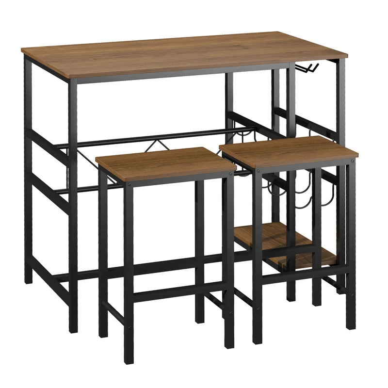 Ensemble Easycomfort de 2 tabourets de bar et table en bois, îlot de cuisine de style industriel avec porte-bouteilles et porte-verres