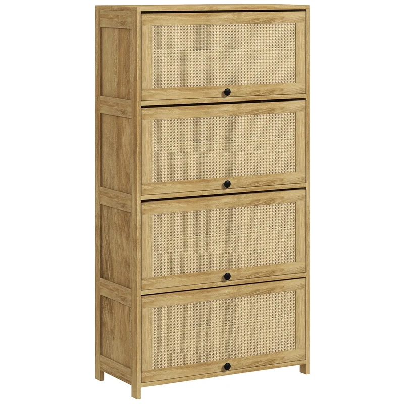 Meuble de cuisine EasyComfort style bohème avec 4 portes abattantes, panneaux de particules et rotin, 70 x 32 x 132,8 cm