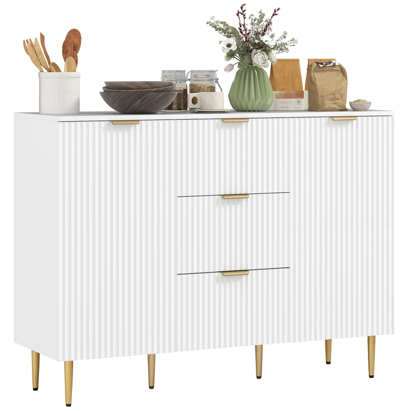Buffet moderne EasyComfort avec 3 tiroirs, 2 placards et étagères réglables, bois et métal, blanc