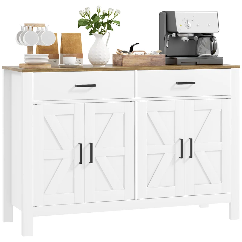 Buffet de cuisine EasyComfort avec 2 tiroirs et 2 placards, style rustique, étagères réglables, blanc