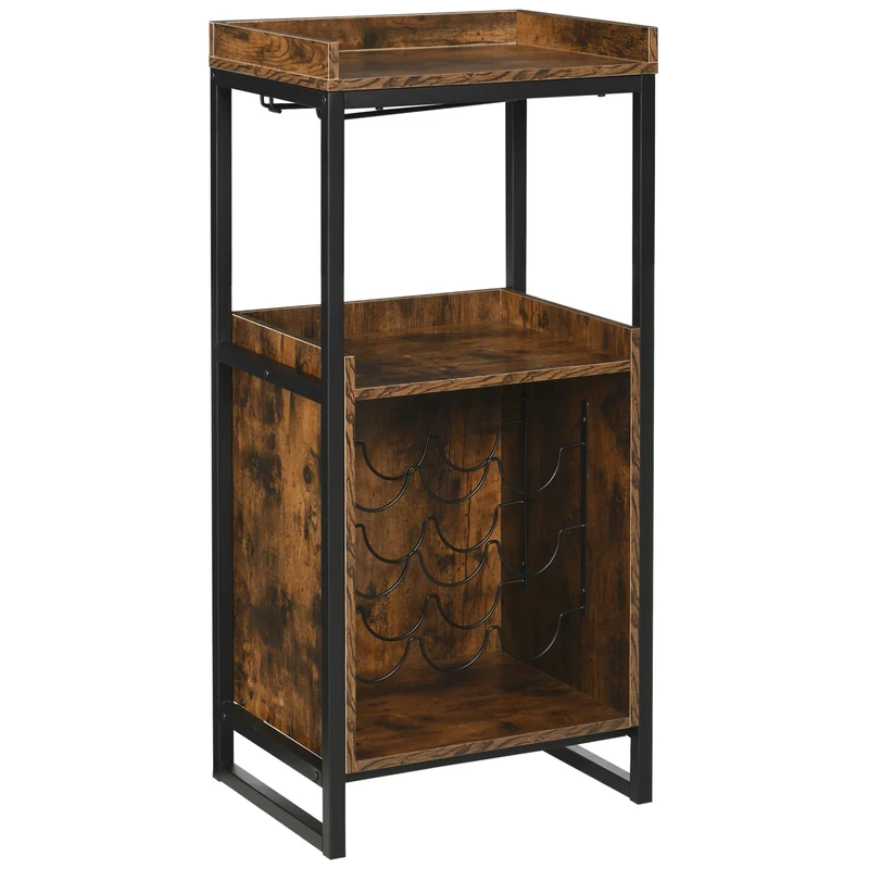 Casier à vin EasyComfort de style industriel avec refroidisseur à vin pour 9 bouteilles et porte-verres, marron