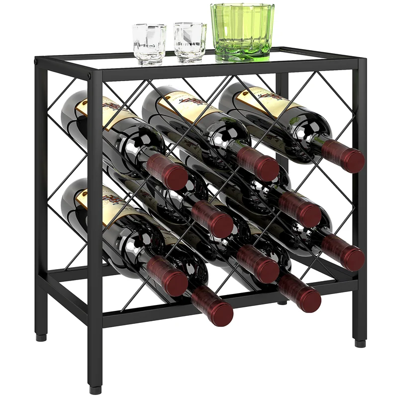 Casier à vin EasyComfort pour 10 bouteilles, en acier noir avec plateau en verre trempé, 41 x 22 x 41 cm