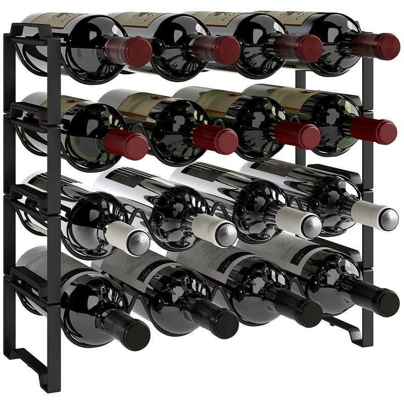 Casier à vin empilable EasyComfort Wave à 4 niveaux pour 16 bouteilles, en métal, 42,5 x 16,5 x 41 cm, noir