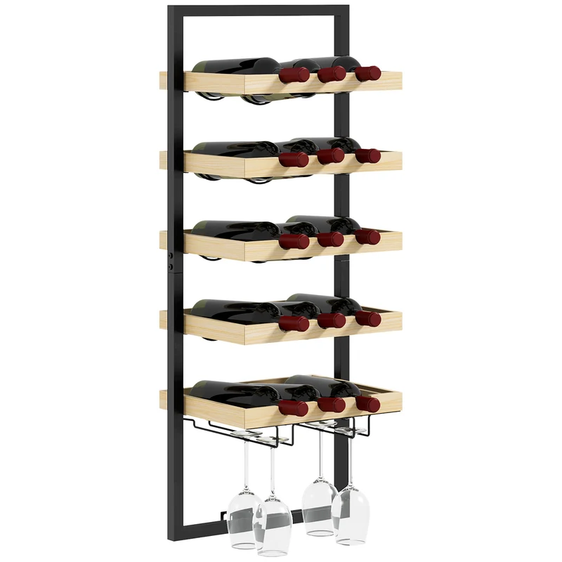 Casier à vin mural EasyComfort en bois et acier pour 15 bouteilles de vin et 4 verres, 35 x 25 x 86 cm