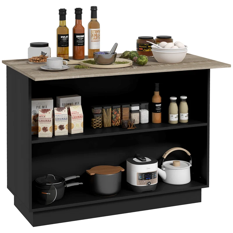 Îlot de cuisine EasyComfort avec 2 étagères ouvertes et 2 placards, MDF, 105 x 60 x 82 cm, chêne et noir