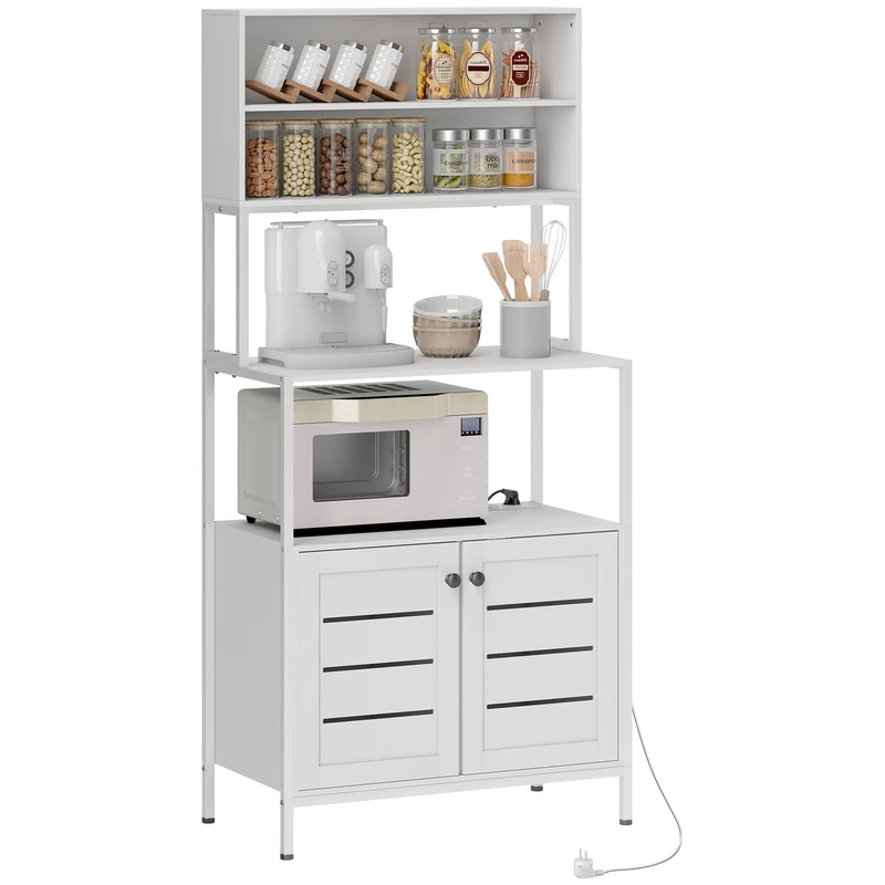 Garde-manger mobile EasyComfort avec étagères, placards et 2 prises de recharge, en bois et acier, 80 x 42 x 171 cm, blanc