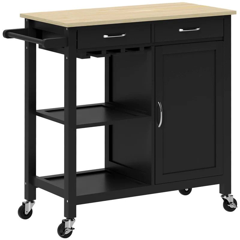 Chariot de cuisine EasyComfort Classic avec tiroirs, roulettes et placard gain de place à 2 portes, 89 x 40 x 84 cm, noir