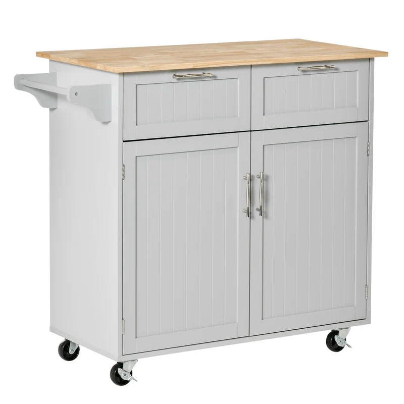 Chariot de cuisine multifonctionnel EasyComfort en bois avec 2 tiroirs, un placard et 4 roulettes, 104 x 46 x 91 cm, gris