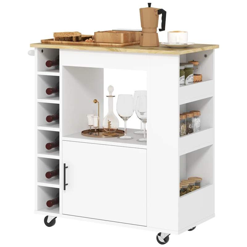 Desserte de cuisine EasyComfort avec roulettes, étagères, placard et porte-bouteilles, 83 x 40 x 83 cm, chêne
