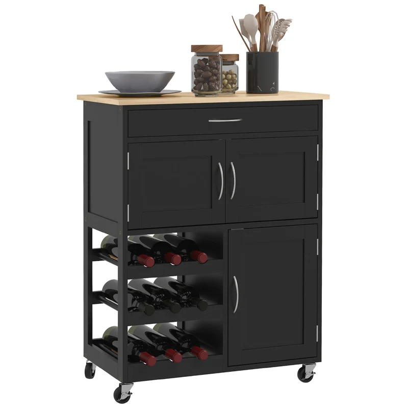 Chariot de cuisine en bois EasyComfort avec porte-bouteilles, 3 portes et tiroir, 67 x 37 x 87 cm, noir et chêne