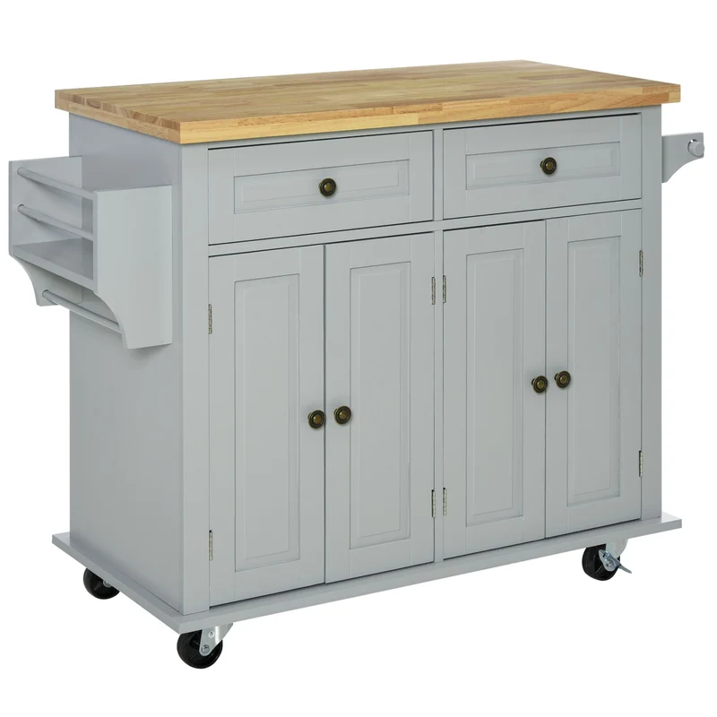 Desserte de cuisine EasyComfort avec 2 tiroirs et 2 placards, plateau en bois, porte-épices et porte-torchons, gris